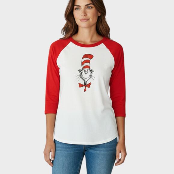 Port & Company Ladies Womens Medium Cat in the Hat Baseball Style Shirt NWOT - Picture 1 of 9